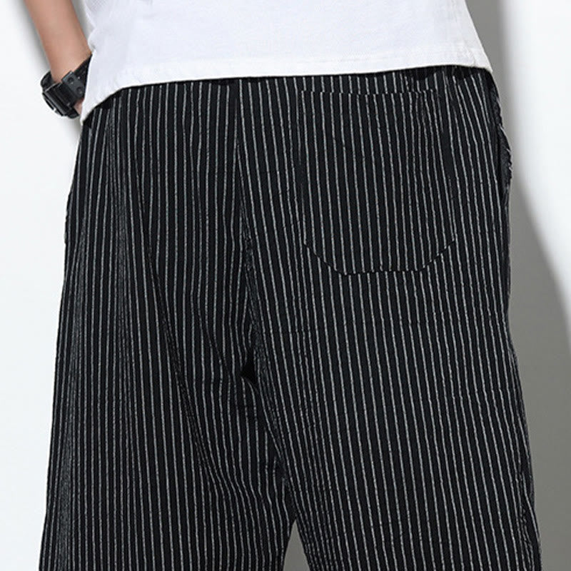 Buddha Stones Summer Stripes Pattern Drawstring Cotton Linen Men's 7-8 Length Harem Pants With Pockets