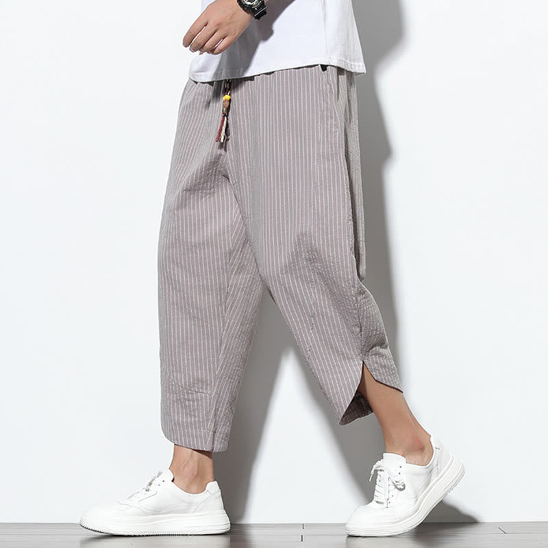 Buddha Stones Summer Stripes Pattern Drawstring Cotton Linen Men's 7-8 Length Harem Pants With Pockets