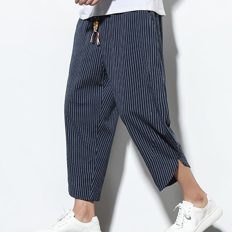 Buddha Stones Summer Stripes Pattern Drawstring Cotton Linen Men's 7-8 Length Harem Pants With Pockets