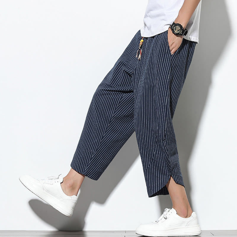 Buddha Stones Summer Stripes Pattern Drawstring Cotton Linen Men's 7-8 Length Harem Pants With Pockets