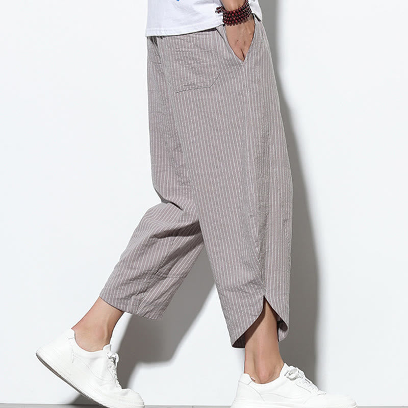 Buddha Stones Summer Stripes Pattern Drawstring Cotton Linen Men's 7-8 Length Harem Pants With Pockets