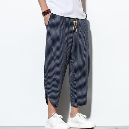 Buddha Stones Summer Stripes Pattern Drawstring Cotton Linen Men's 7-8 Length Harem Pants With Pockets
