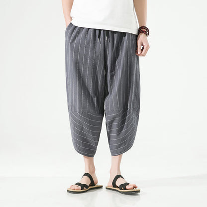Buddha Stones Casual Plain Stripes Pattern Drawstring Men's 7-8 Length Cotton Linen Harem Pants With Pockets