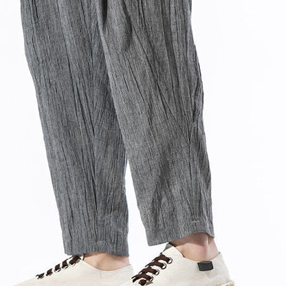 Buddha Stones Casual Plain Pleated Design Drawstring Men's Long Cotton Linen Harem Pants With Pockets