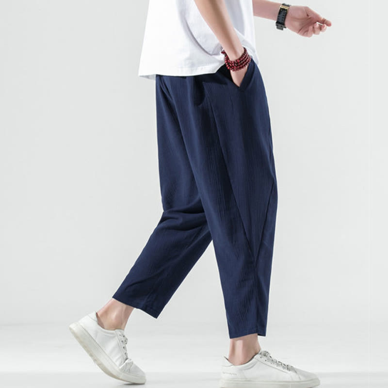 Buddha Stones Casual Plain Pleated Design Drawstring Men's Long Cotton Linen Harem Pants With Pockets