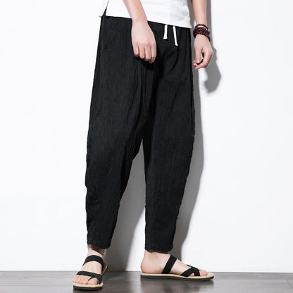 Buddha Stones Casual Plain Pleated Design Drawstring Men's Long Cotton Linen Harem Pants With Pockets