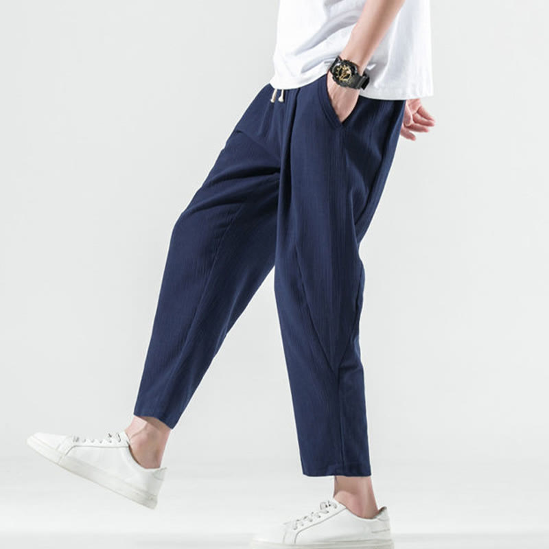 Buddha Stones Casual Plain Pleated Design Drawstring Men's Long Cotton Linen Harem Pants With Pockets