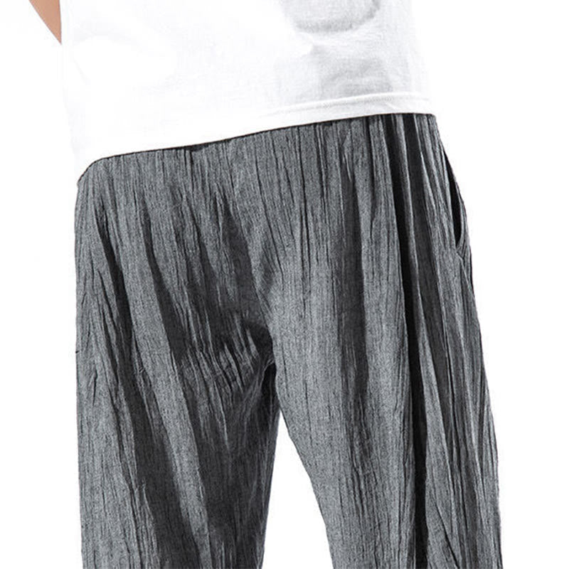 Buddha Stones Casual Plain Pleated Design Drawstring Men's Long Cotton Linen Harem Pants With Pockets