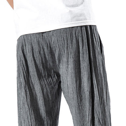 Buddha Stones Casual Plain Pleated Design Drawstring Men's Long Cotton Linen Harem Pants With Pockets
