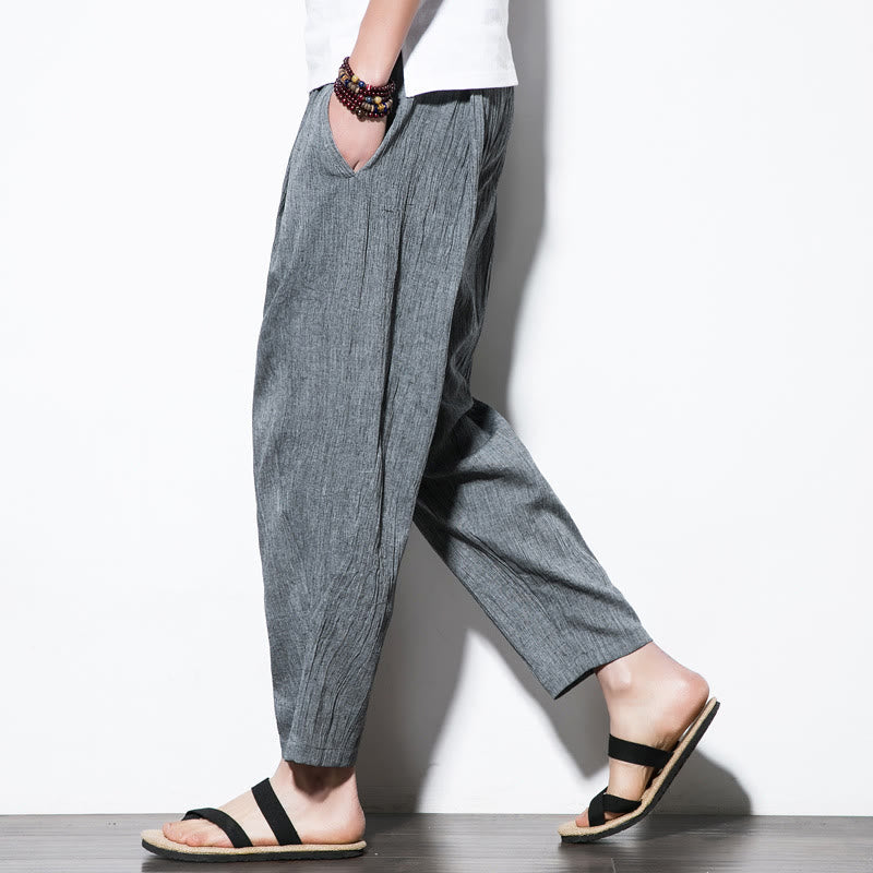 Buddha Stones Casual Plain Pleated Design Drawstring Men's Long Cotton Linen Harem Pants With Pockets