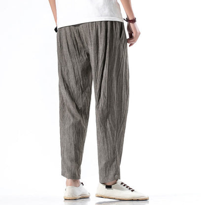 Buddha Stones Casual Plain Pleated Design Drawstring Men's Long Cotton Linen Harem Pants With Pockets