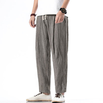 Buddha Stones Casual Plain Pleated Design Drawstring Men's Long Cotton Linen Harem Pants With Pockets