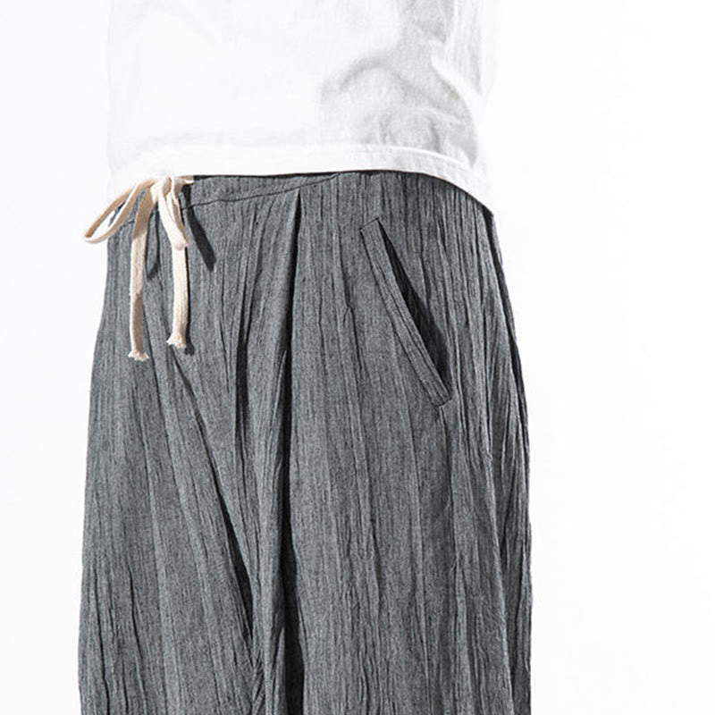 Buddha Stones Casual Plain Pleated Design Drawstring Men's Long Cotton Linen Harem Pants With Pockets