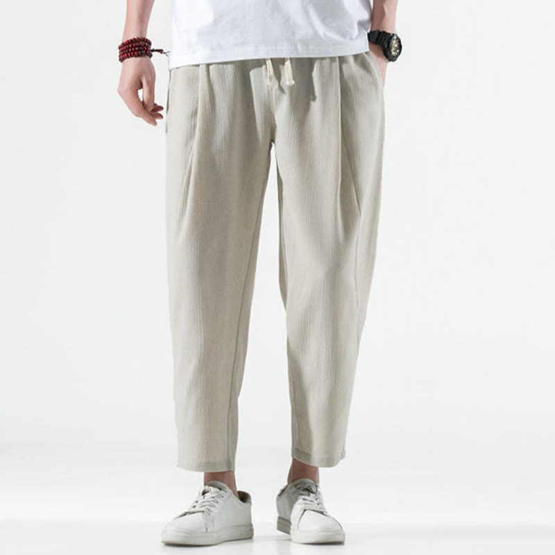 Buddha Stones Casual Plain Pleated Design Drawstring Men's Long Cotton Linen Harem Pants With Pockets