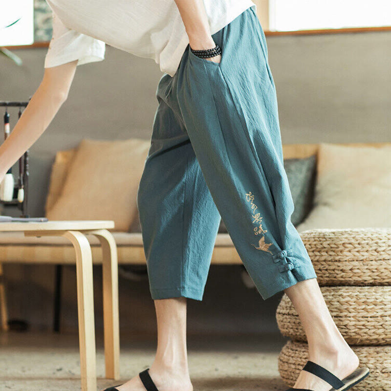 Buddha Stones Crane Embroidery Cotton Men's Cropped Harem Pants With Pockets