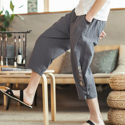 Buddha Stones Crane Embroidery Cotton Men's Cropped Harem Pants With Pockets