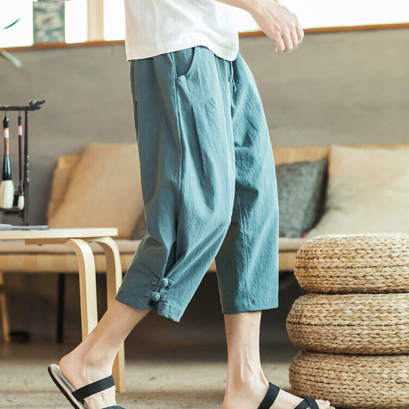Buddha Stones Crane Embroidery Cotton Men's Cropped Harem Pants With Pockets