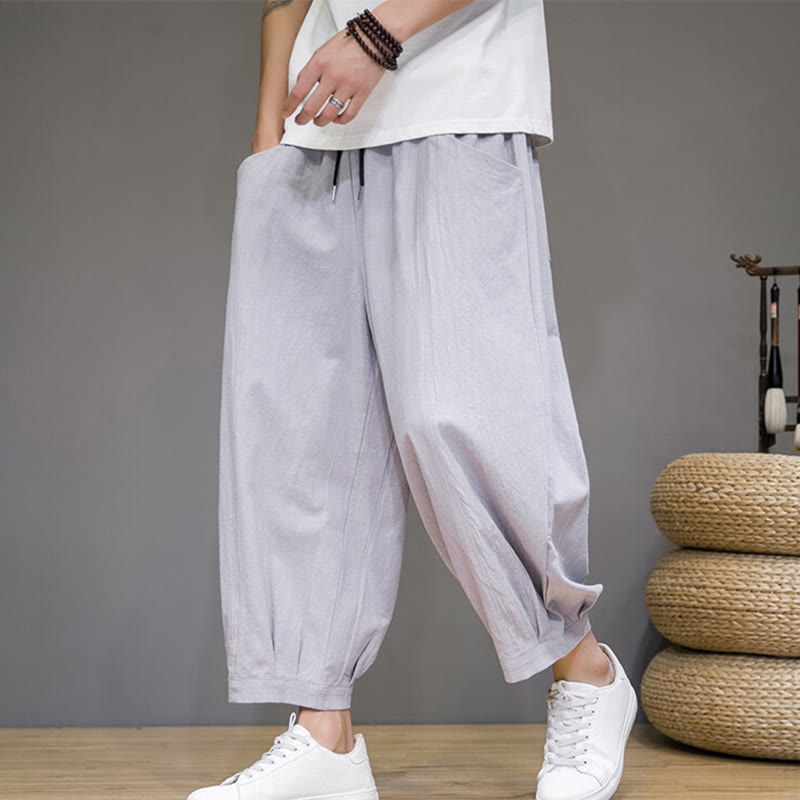 Buddha Stones Simple Cotton Men's Cropped Capri Harem Pants With Pockets