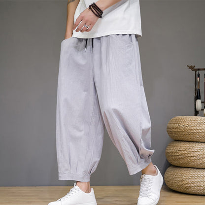 Buddha Stones Simple Cotton Men's Cropped Capri Harem Pants With Pockets