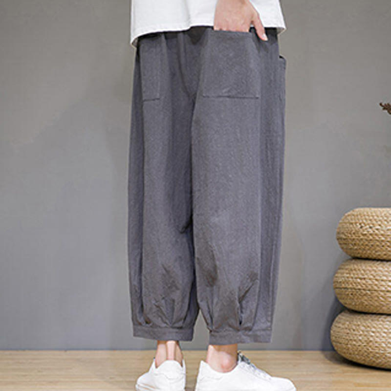 Buddha Stones Simple Cotton Men's Cropped Capri Harem Pants With Pockets