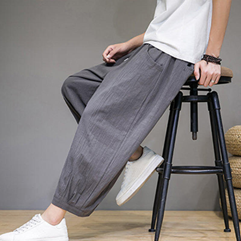 Buddha Stones Simple Cotton Men's Cropped Capri Harem Pants With Pockets