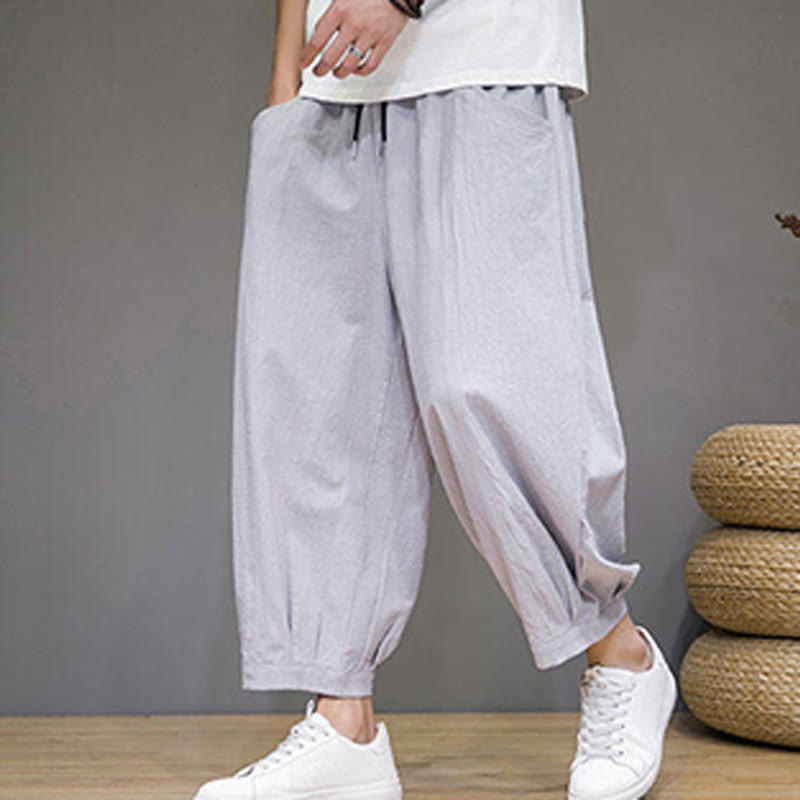 Buddha Stones Simple Cotton Men's Cropped Capri Harem Pants With Pockets