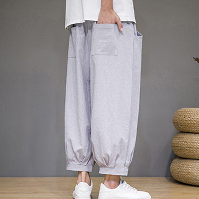 Buddha Stones Simple Cotton Men's Cropped Capri Harem Pants With Pockets