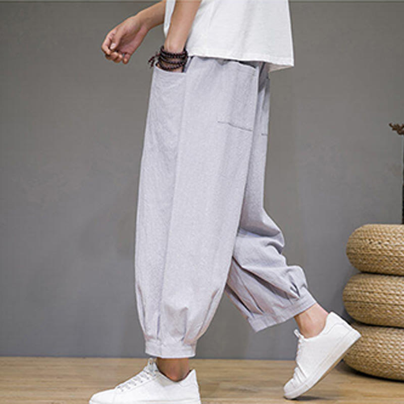 Buddha Stones Simple Cotton Men's Cropped Capri Harem Pants With Pockets