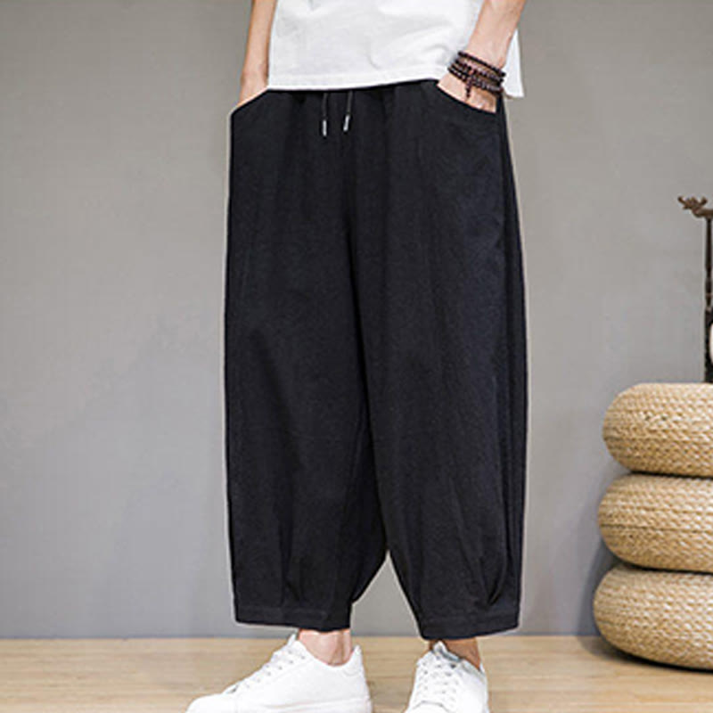 Buddha Stones Simple Cotton Men's Cropped Capri Harem Pants With Pockets