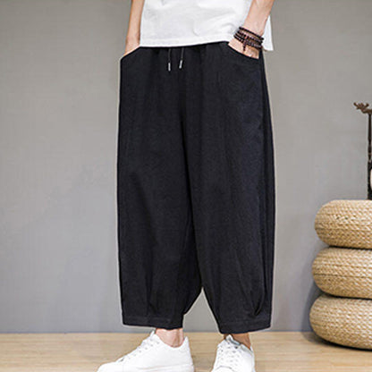 Buddha Stones Simple Cotton Men's Cropped Capri Harem Pants With Pockets