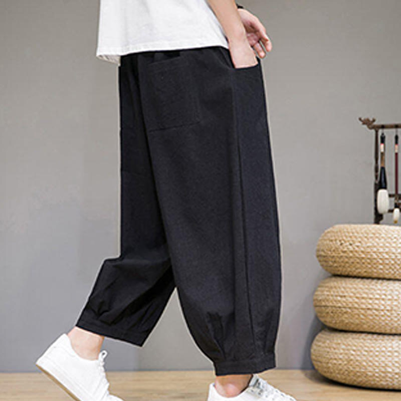 Buddha Stones Simple Cotton Men's Cropped Capri Harem Pants With Pockets