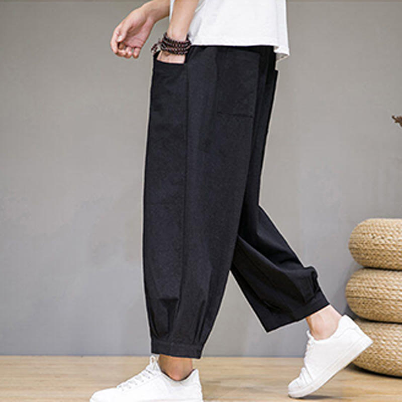 Buddha Stones Simple Cotton Men's Cropped Capri Harem Pants With Pockets