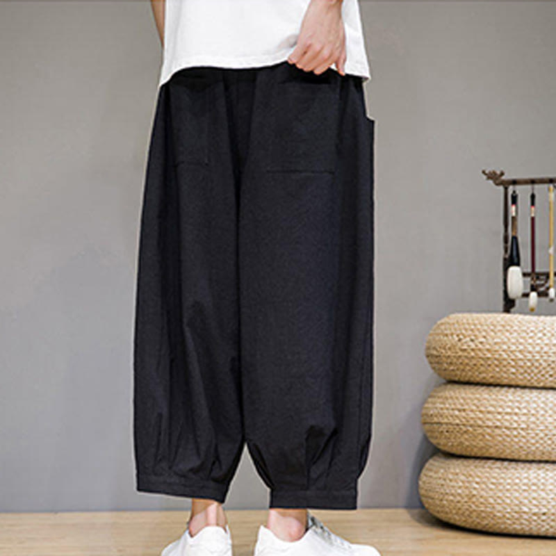 Buddha Stones Simple Cotton Men's Cropped Capri Harem Pants With Pockets
