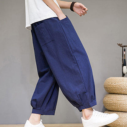 Buddha Stones Simple Cotton Men's Cropped Capri Harem Pants With Pockets