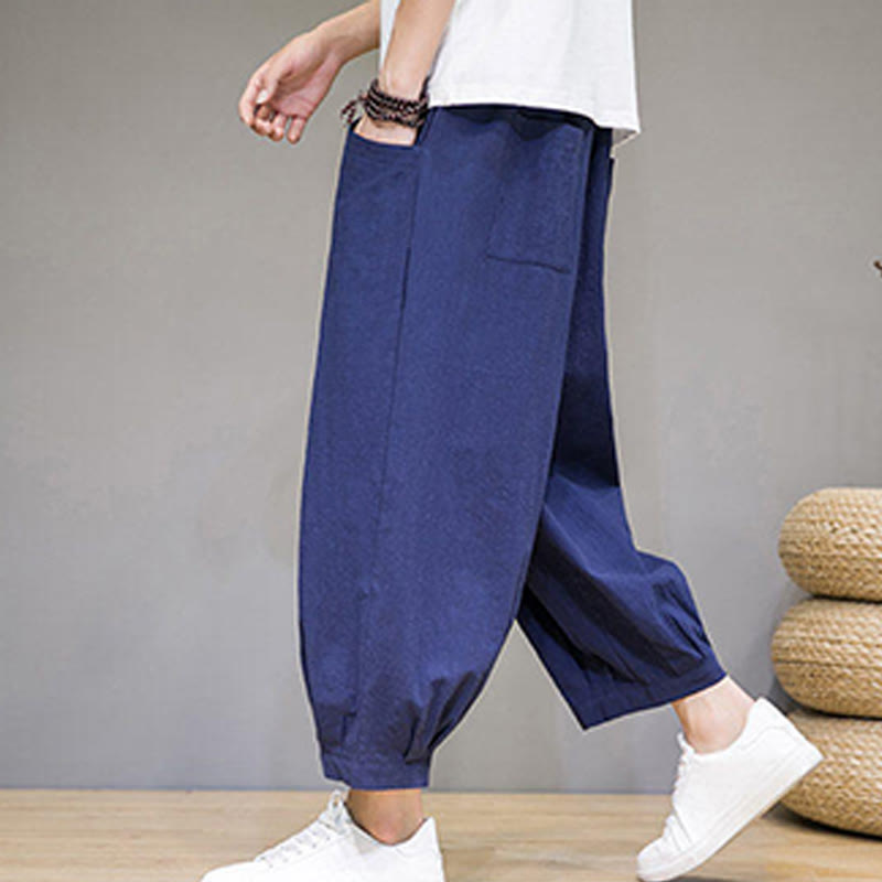 Buddha Stones Simple Cotton Men's Cropped Capri Harem Pants With Pockets