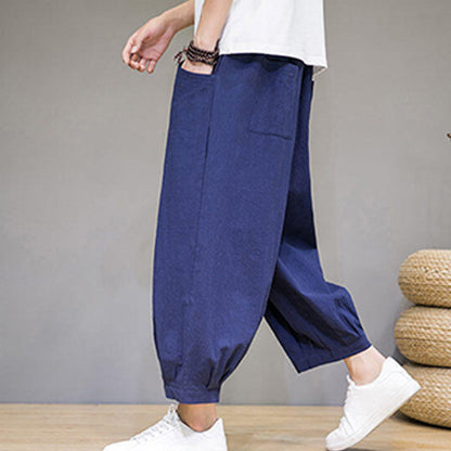Buddha Stones Simple Cotton Men's Cropped Capri Harem Pants With Pockets