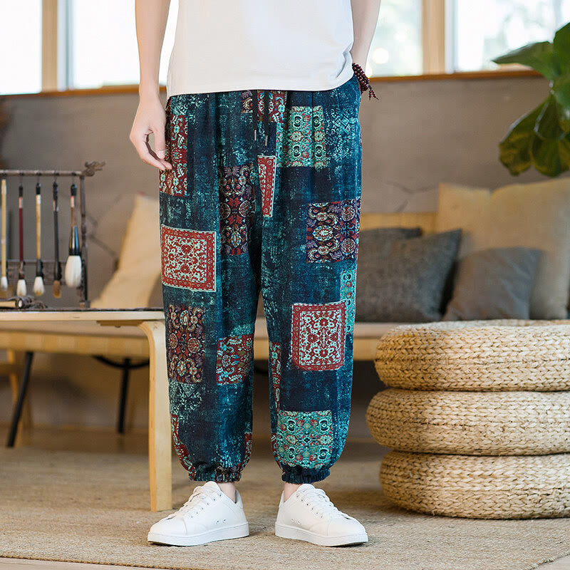 Buddha Stones Summer Square Patchwork Cotton Linen Men's Ankle-Length Harem Pants With Pockets