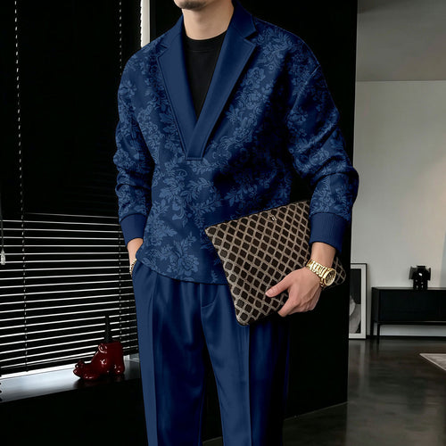 Men's Dark Blue V-Neck Sweatshirt and Pants Set