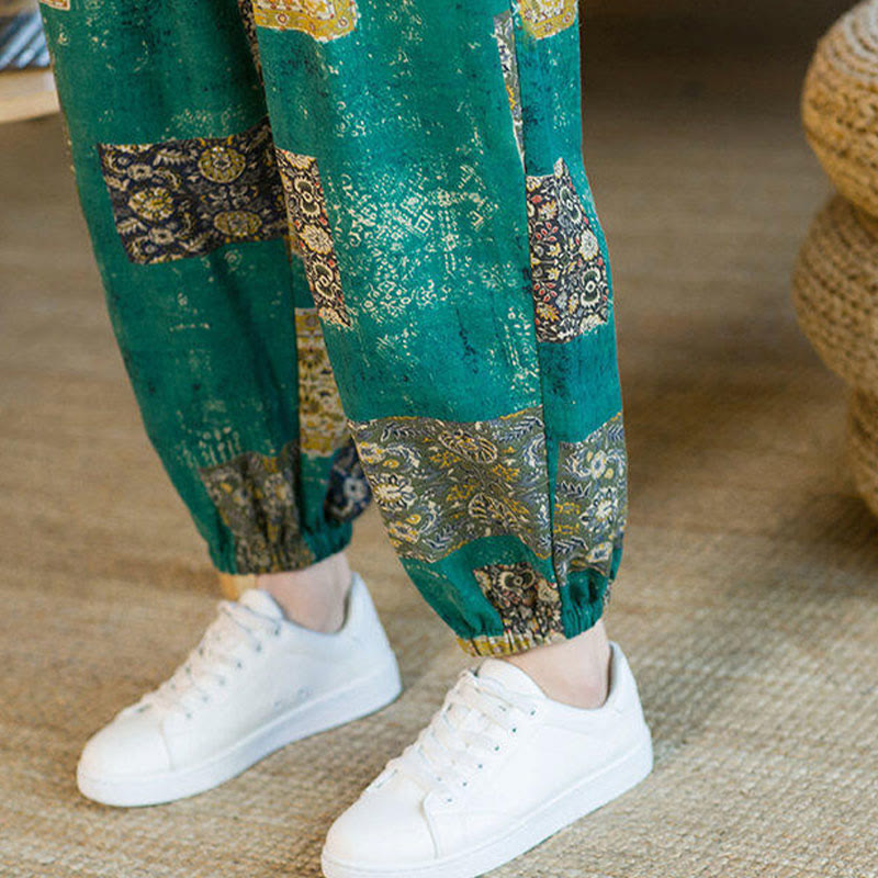 Buddha Stones Summer Square Patchwork Cotton Linen Men's Ankle-Length Harem Pants With Pockets