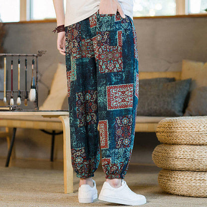 Buddha Stones Summer Square Patchwork Cotton Linen Men's Ankle-Length Harem Pants With Pockets