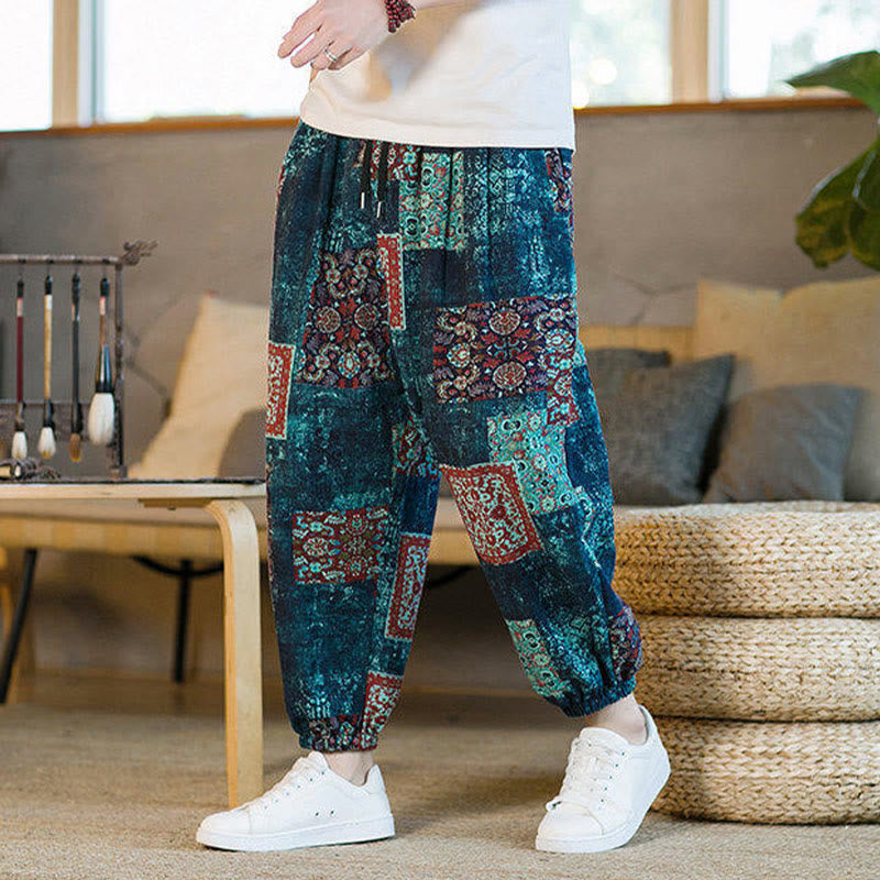 Buddha Stones Summer Square Patchwork Cotton Linen Men's Ankle-Length Harem Pants With Pockets