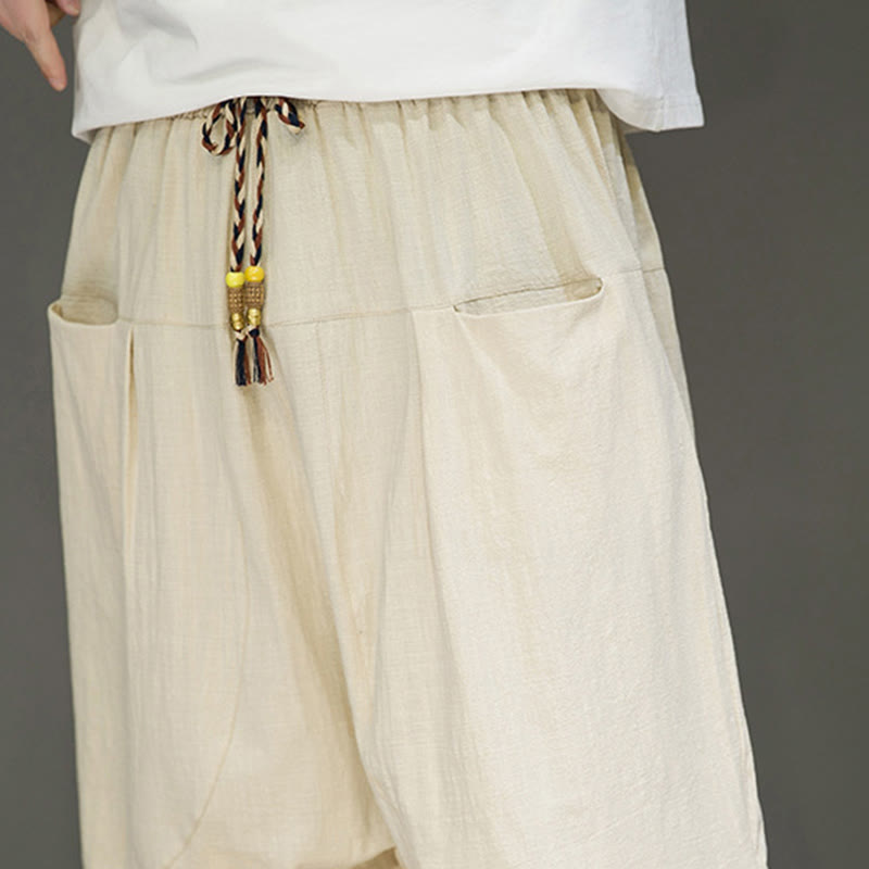 Buddha Stones Casual Drawstring Cotton Linen Men's Capri Harem Pants With Pockets