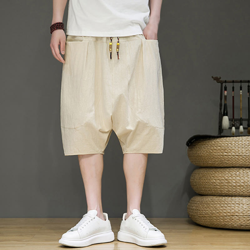 Buddha Stones Casual Drawstring Cotton Linen Men's Capri Harem Pants With Pockets