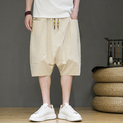 Buddha Stones Casual Drawstring Cotton Linen Men's Capri Harem Pants With Pockets