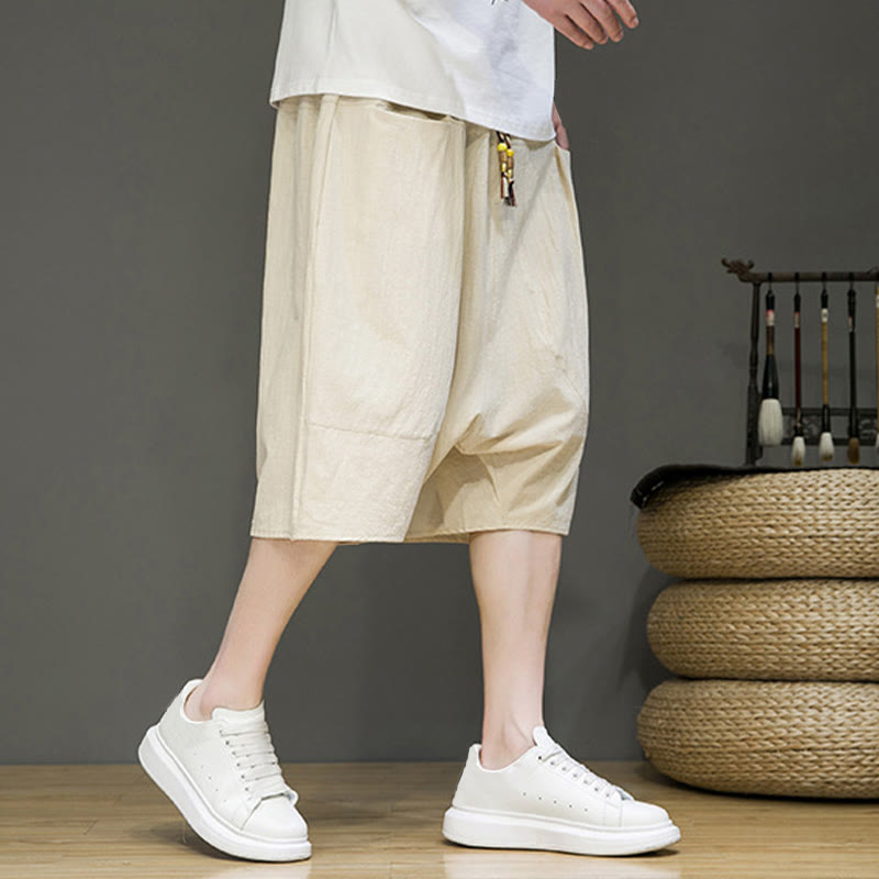 Buddha Stones Casual Drawstring Cotton Linen Men's Capri Harem Pants With Pockets