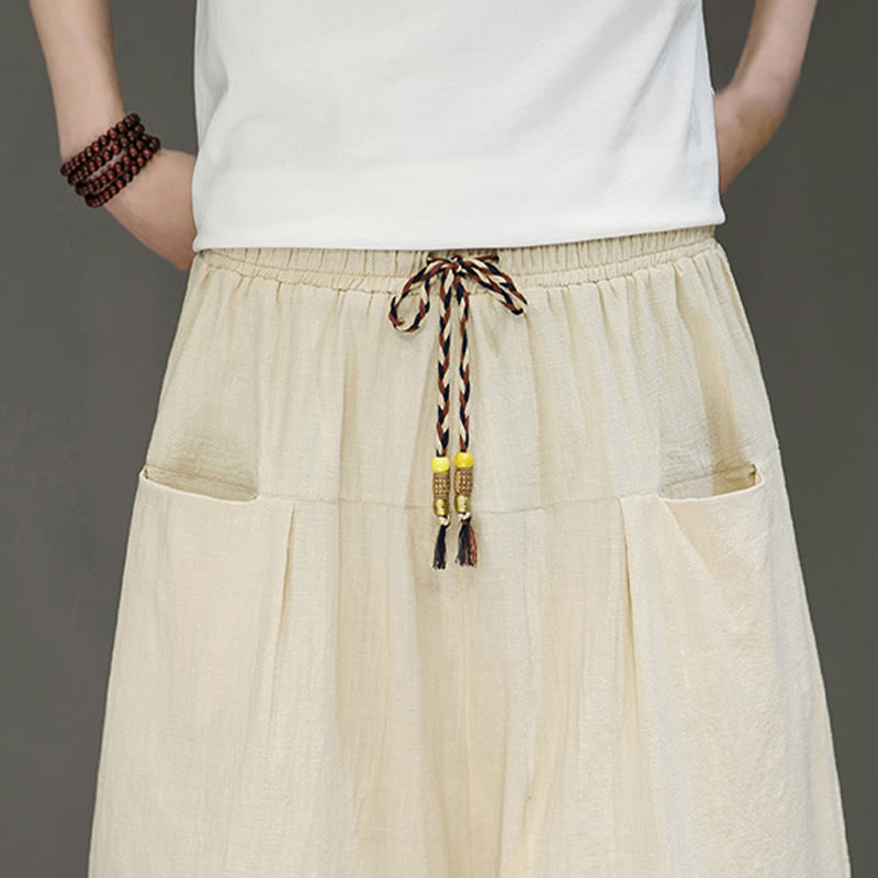 Buddha Stones Casual Drawstring Cotton Linen Men's Capri Harem Pants With Pockets