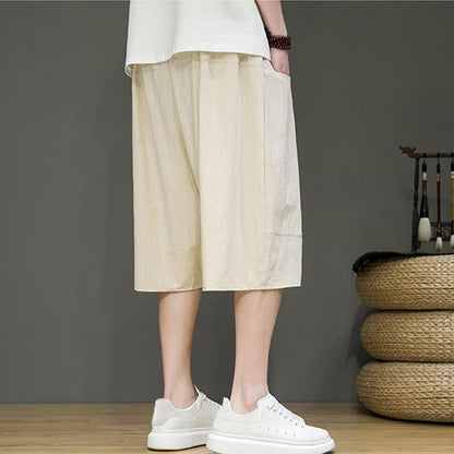 Buddha Stones Casual Drawstring Cotton Linen Men's Capri Harem Pants With Pockets