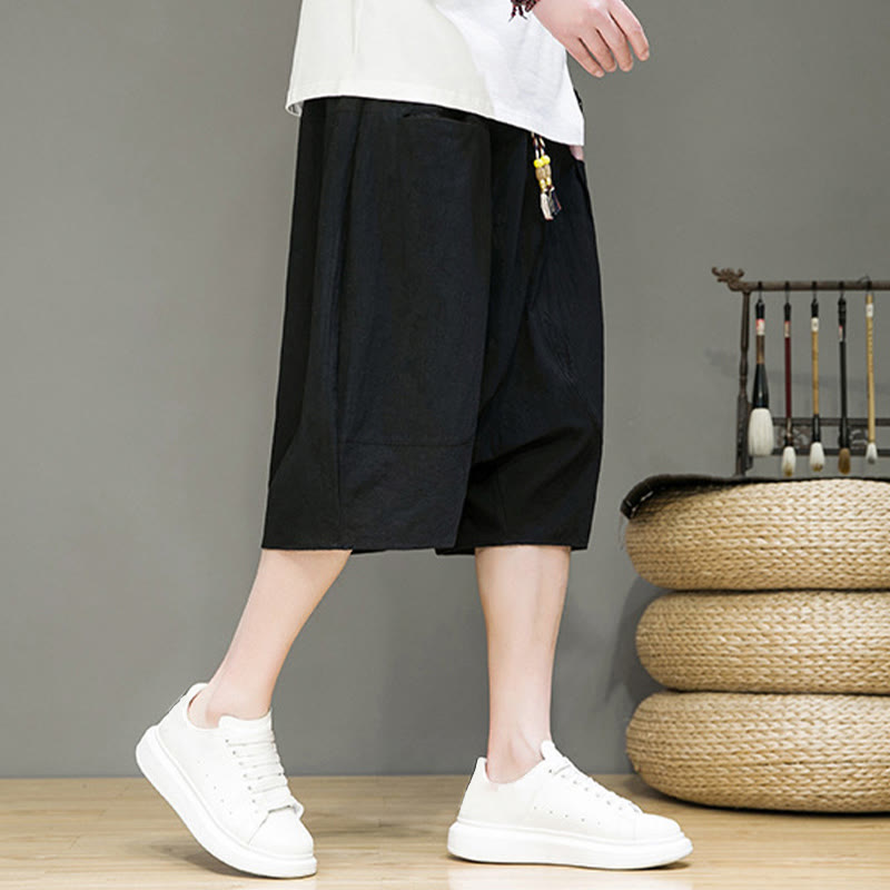 Buddha Stones Casual Drawstring Cotton Linen Men's Capri Harem Pants With Pockets