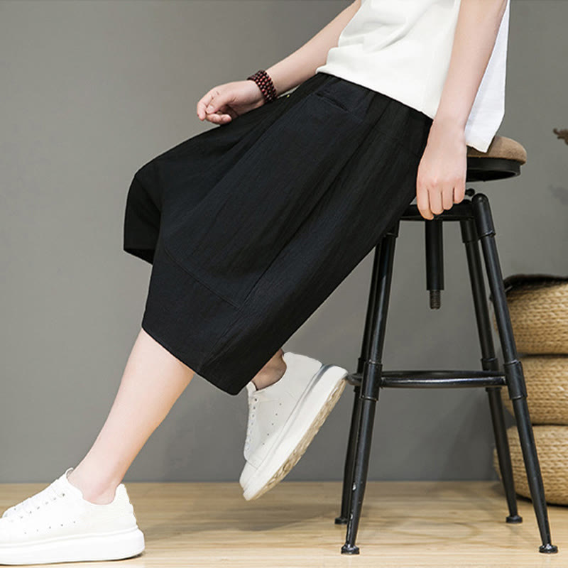 Buddha Stones Casual Drawstring Cotton Linen Men's Capri Harem Pants With Pockets