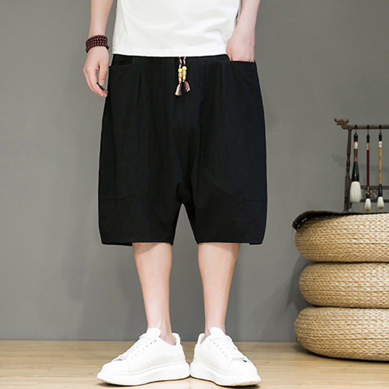 Buddha Stones Casual Drawstring Cotton Linen Men's Capri Harem Pants With Pockets
